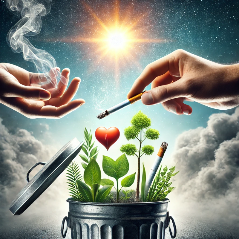 Une main éteint une cigarette dans une poubelle remplie de plantes, sous un soleil éclatant et de la fumée qui s'élève. Une autre main fait un geste à proximité, suggérant peut-être une hypnose anti-tabac. Un symbole de cœur est niché au milieu de la verdure vibrante, écho à la paix et à la transformation.