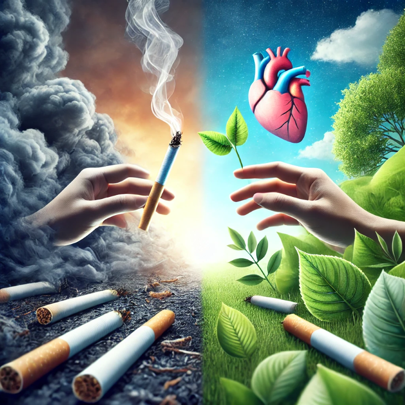 Une image surréaliste oppose le tabagisme à une vie saine ; une main tient une cigarette au milieu de la fumée à gauche, tandis qu'une autre tient une feuille sous un ciel dégagé à droite, représentant des choix. Pensez à l'hypnose antitabac pour vous guider dans le choix de la santé et dans l'acceptation de nouveaux départs.