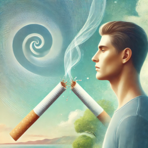 Un homme fait face à un vortex dans le ciel tandis que deux cigarettes, croisées et allumées, font tourbillonner la fumée à travers un paysage surréaliste, évoquant le voyage de l'esprit à travers l'hypnose antitabac.