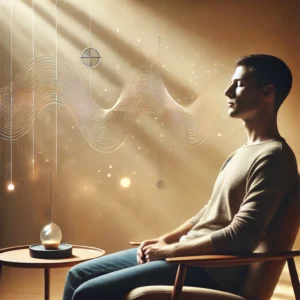 Personne assise en position détendue lors d'une séance d'hypnose, symbolisant la libération de l'addiction à l'alcool dans un cadre apaisant.