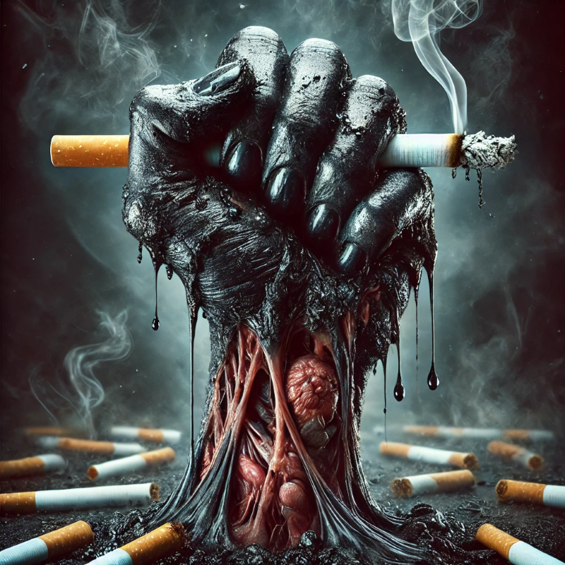 Une main noire, goudronnée, saisissant une cigarette allumée émerge de la chair en fusion, entourée de cigarettes éparpillées et de fumée – un rappel étrange de la lutte que l'hypnose anti-tabac avec un hypnothérapeute à Nice peut aider à surmonter.