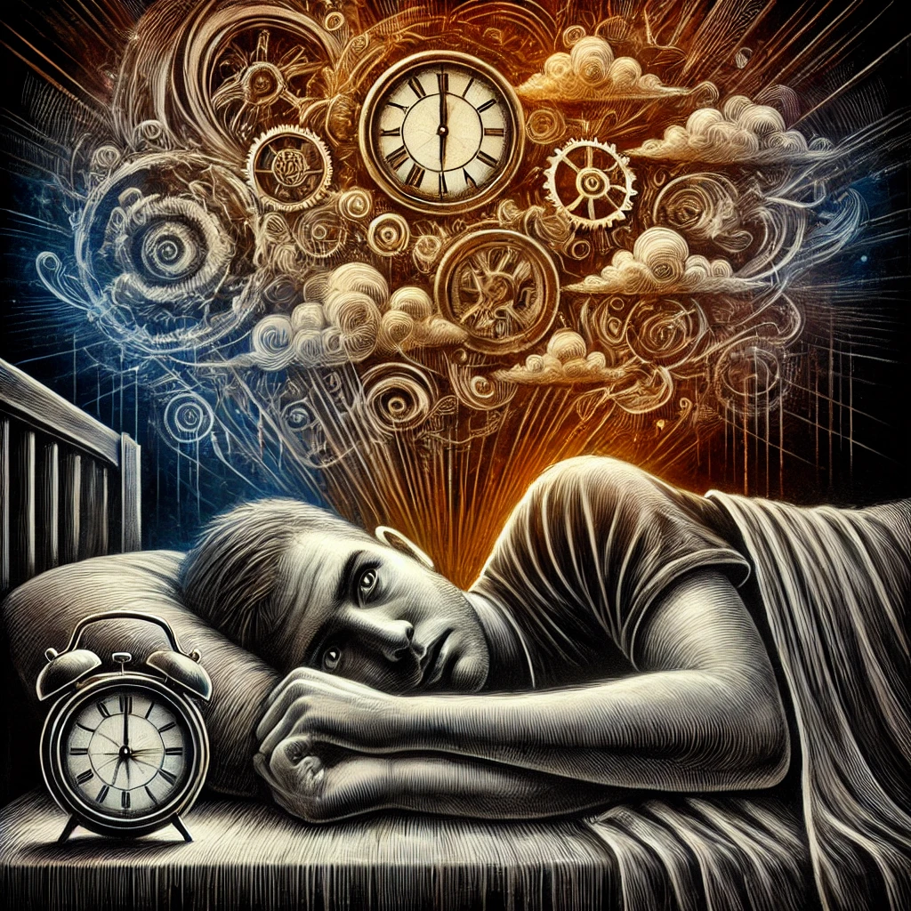 Une personne est allongée dans son lit, éveillée, l'air pensif, entourée d'engrenages d'horloge tourbillonnants et d'une formation nuageuse, symbolisant un esprit agité qui aspire à retrouver un sommeil réparateur. Un réveil est visible à côté du lit.