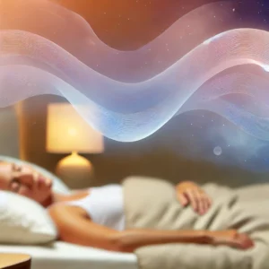 Une personne dort paisiblement sous des couvertures, à côté d'une lampe, avec des vagues abstraites et des étoiles au-dessus, symbolisant des rêves calmes et permettant de retrouver un sommeil réparateur.