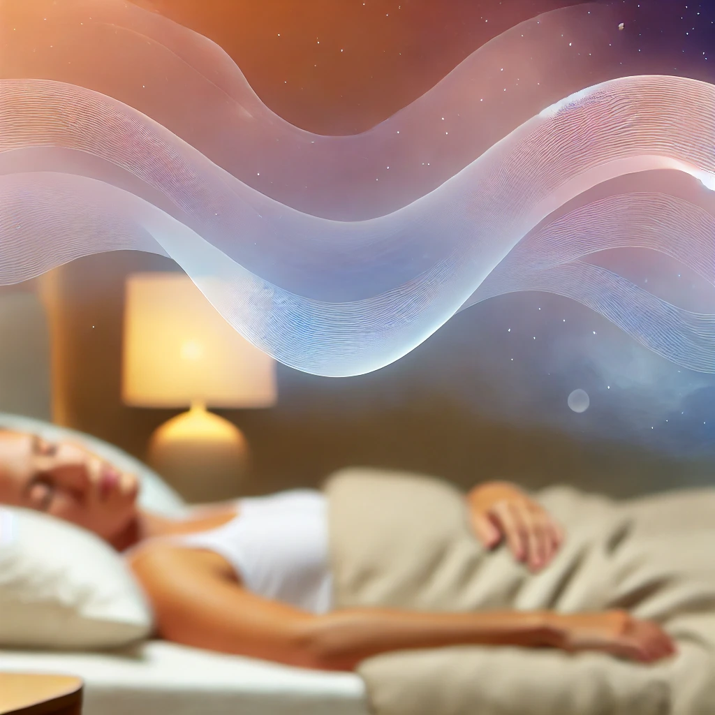 Une personne dort paisiblement sous des couvertures, à côté d'une lampe, avec des vagues abstraites et des étoiles au-dessus, symbolisant des rêves calmes et permettant de retrouver un sommeil réparateur.