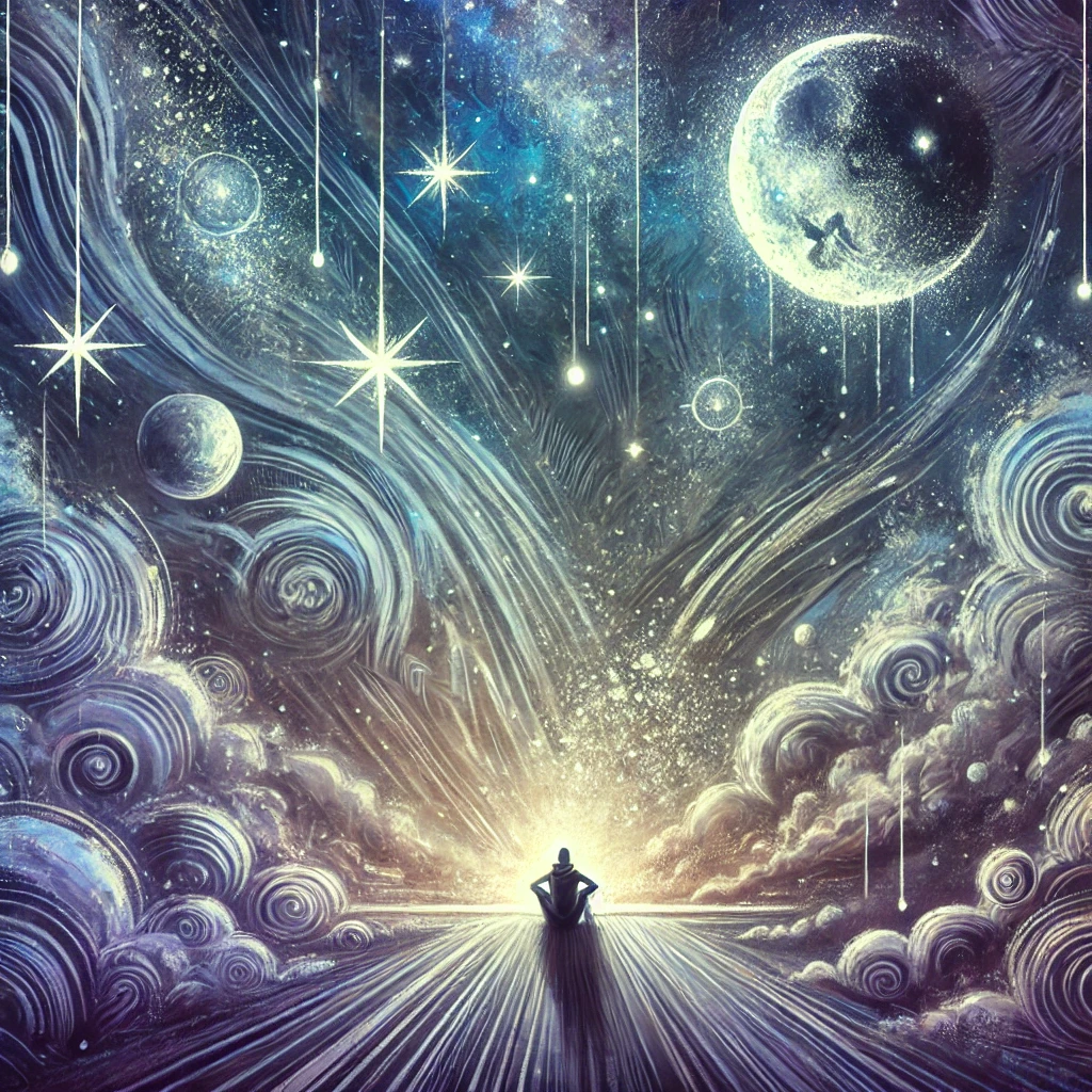 Œuvre d'art surréaliste représentant une personne allongée dans son lit, éveillée, les yeux ouverts, avec des nuages flottants et des cadrans d'horloge symbolisant le temps et l'insomnie. Un réveil est posé sur la table de chevet, faisant écho à la quête insaisissable de retrouver un sommeil réparateur.