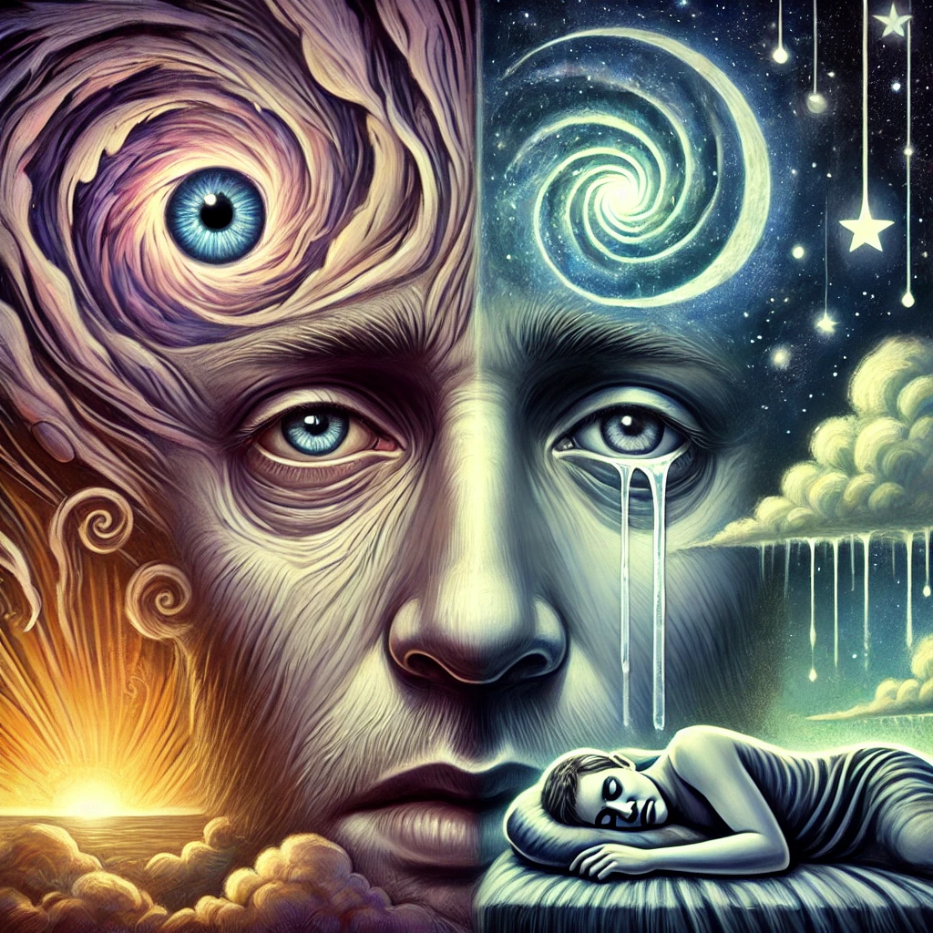 Une œuvre surréaliste montre un visage divisé en deux : le côté gauche présente un œil dans un vortex, tandis que le côté droit révèle une galaxie en larmes. En dessous, quelqu'un cherche à *retrouver un sommeil réparateur* sur un oreiller sous les nuages et les étoiles.