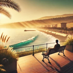 Scène côtière sereine inspirée par Nice, France, montrant la mer Méditerranée avec des vagues calmes, une promenade ensoleillée bordée de verdure et une silhouette paisible sur un banc, symbolisant le calme et la réflexion.
