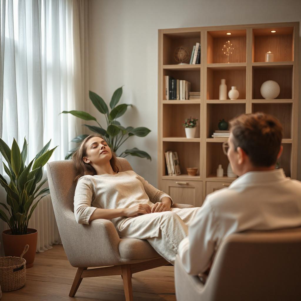 Une femme est allongée sur une chaise dans une pièce confortable remplie de plantes et d'une bibliothèque, profitant des bienfaits de l'hypnose pour le bien-être. Une autre personne est assise en face d'elle, l'écoutant attentivement.