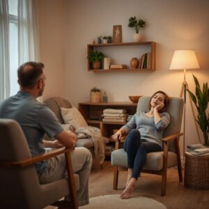 Une femme assise sur une chaise discute des bienfaits de l'hypnose pour le bien-être avec un homme dans une pièce confortable ornée de plantes et d'étagères.