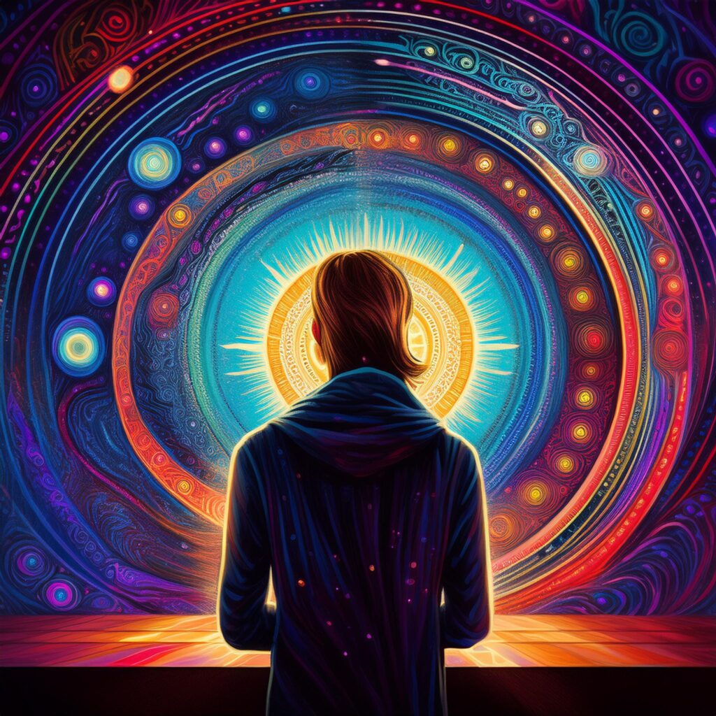 Une personne portant un sweat à capuche se tient devant un design cosmique vibrant et tourbillonnant avec des cercles et des motifs concentriques lumineux et colorés, créant une atmosphère mystique et impressionnante, un peu comme si vous ressentiez une confiance en soi augmentée grâce à l'hypnose intégrative®.