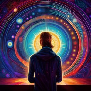 Une personne portant un sweat à capuche se tient devant un design cosmique vibrant et tourbillonnant avec des cercles et des motifs concentriques lumineux et colorés, créant une atmosphère mystique et impressionnante, un peu comme si vous ressentiez une confiance en soi augmentée grâce à l'hypnose intégrative®.