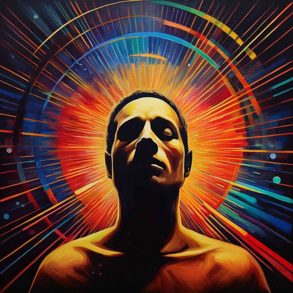 Une silhouette de personne se tient debout, avec derrière elle un halo multicolore rayonnant, avec des stries dynamiques de rouge, d'orange et de bleu. C'est une image inspirante qui semble murmurer : « Augmentez votre confiance en vous grâce à l'hypnose intégrative® », invitant à la transformation par une énergie vibrante.