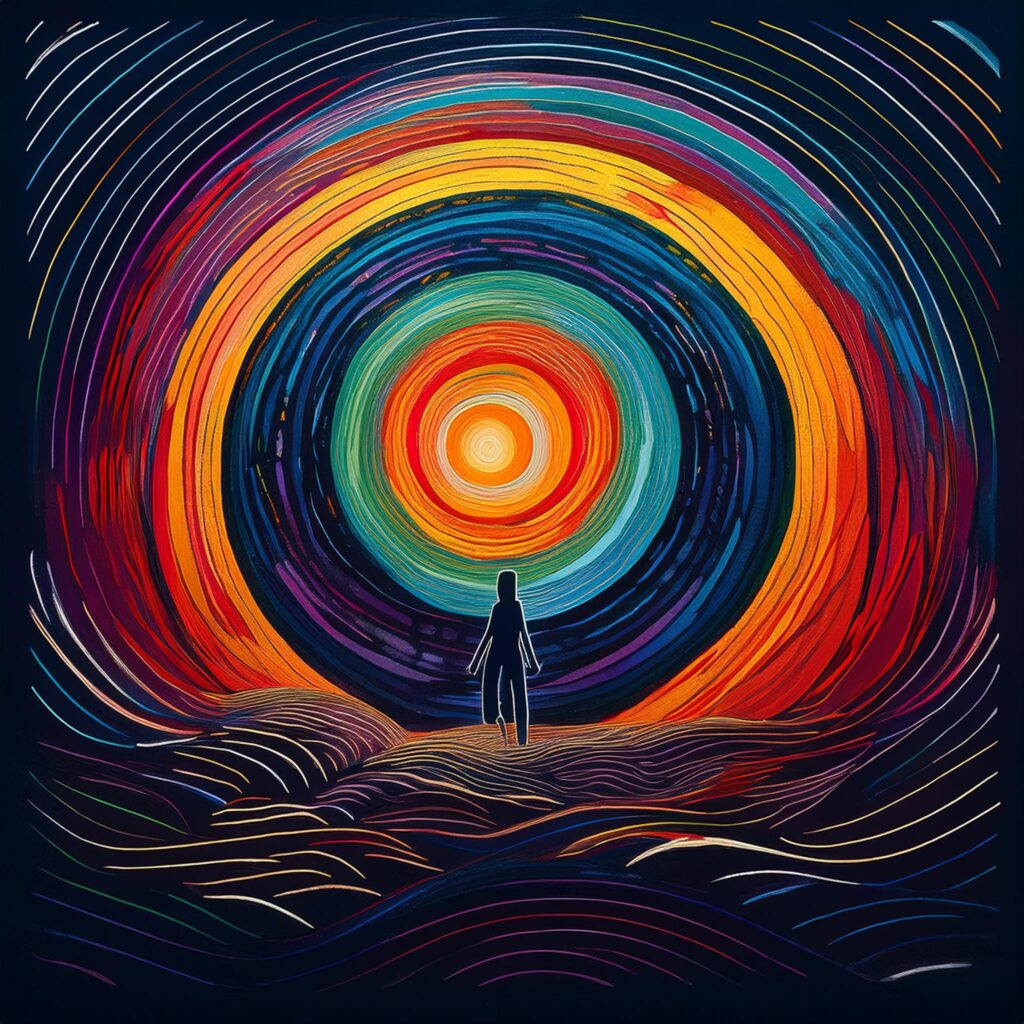 Silhouette d'une personne debout devant un design abstrait vibrant et tourbillonnant, comme si elle était prête à augmenter sa confiance avec l'hypnose intégrative®, ressemblant à un vortex ou un tunnel coloré.