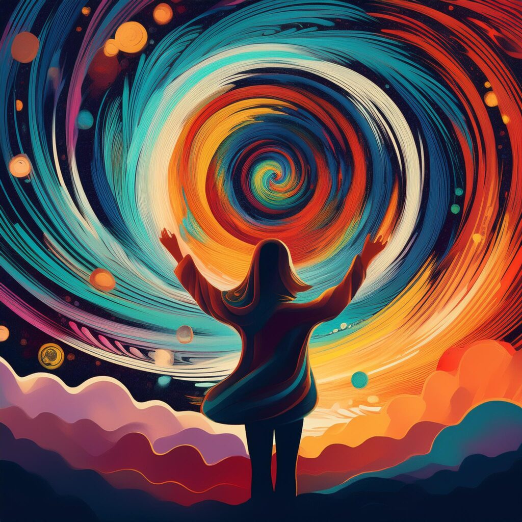Une personne aux bras levés se tient devant un vortex tourbillonnant coloré dans un paysage abstrait et vivant, comme si elle embrassait le pouvoir transformateur de l'hypnose intégrative® pour renforcer la confiance en soi.