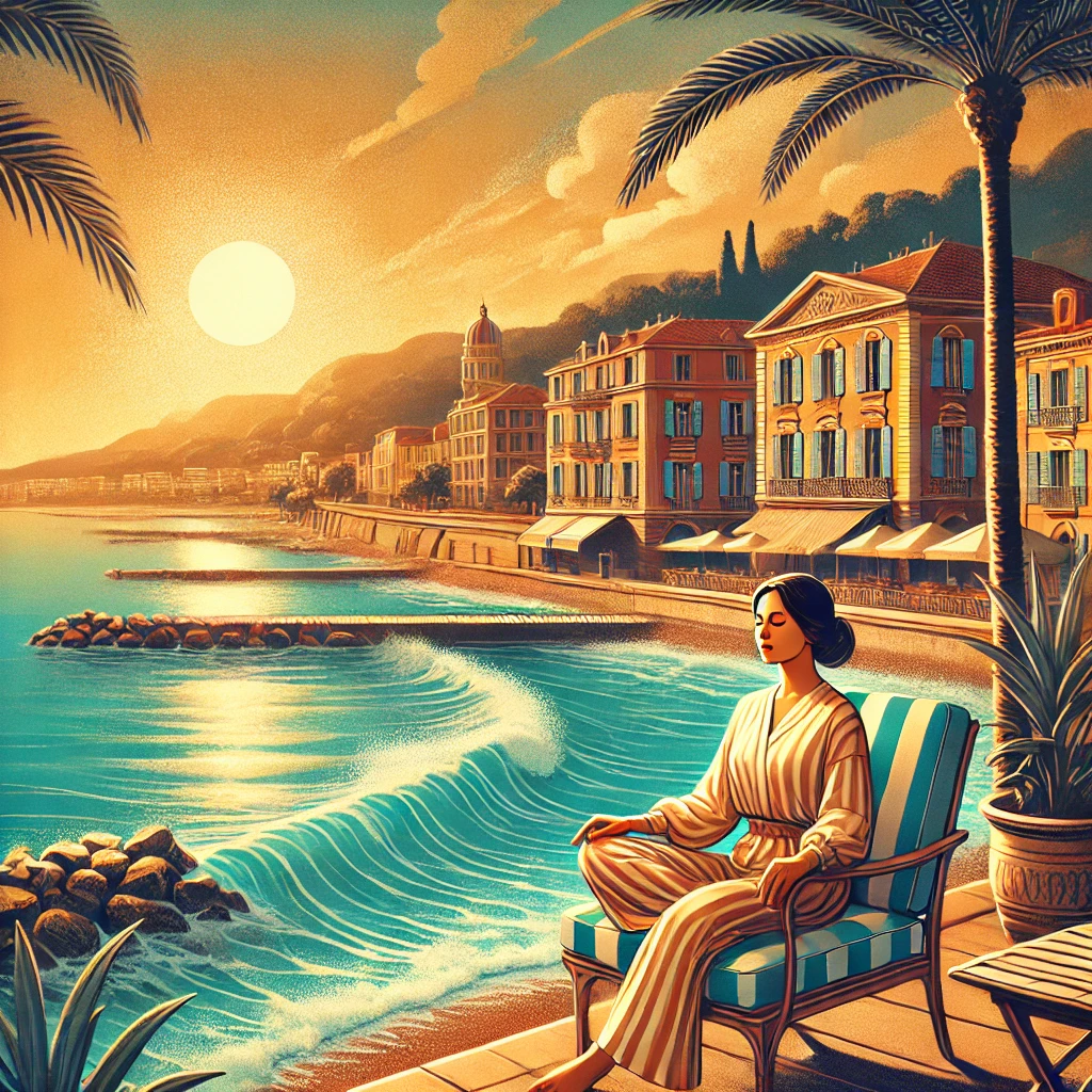 Femme détendue sur une terrasse à Nice, face à la mer Méditerranée, profitant d’un moment d’hypnose pour soulager ses migraines.