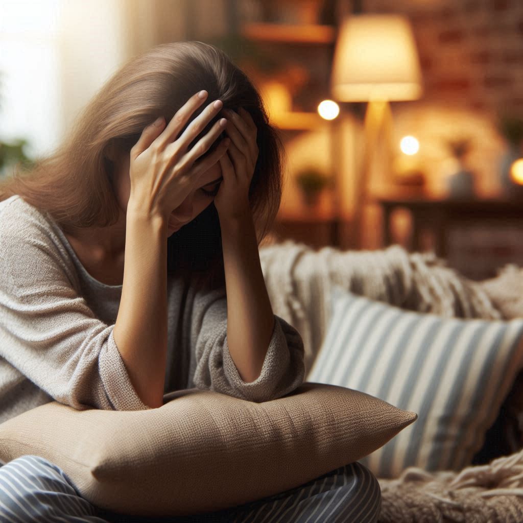 Une femme est assise sur un canapé, penchée en avant, la tête entre les mains, manifestement en détresse. L'éclairage chaleureux et la décoration chaleureuse de la pièce contrastent avec sa douleur. Peut-être envisage-t-elle l'hypnose pour les migraines comme remède apaisant pour se soulager.
