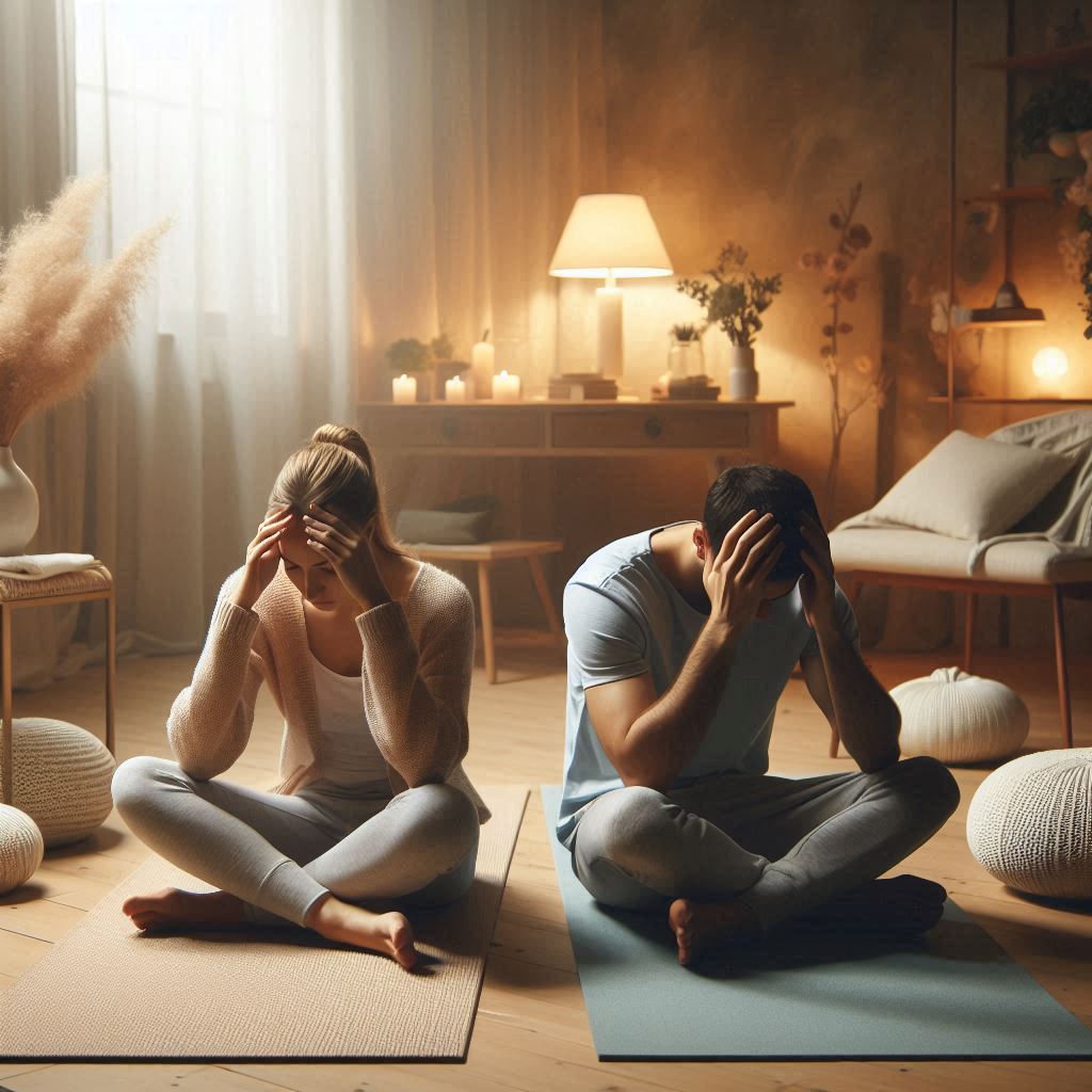 Deux personnes assises sur des tapis de yoga dans une pièce cosy, les mains posées délicatement sur la tête, sont plongées dans l'hypnose pour les migraines. L'espace doucement éclairé par des lampes et des bougies est agrémenté de coussins et de plantes séchées, offrant une atmosphère sereine.