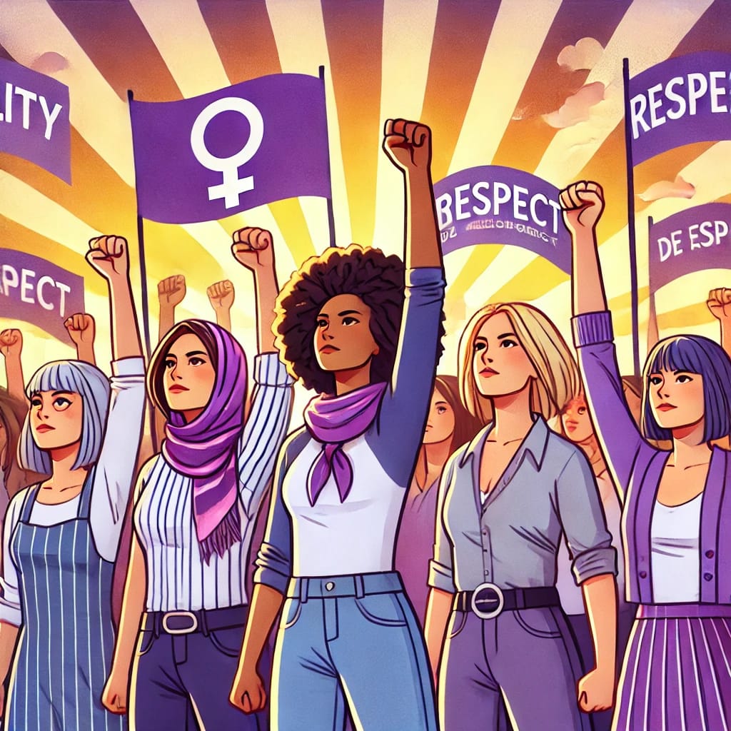 Illustration de diverses femmes debout avec les poings levés, tenant des drapeaux ornés de symboles de genre féminin et du mot « Respect », sur fond radieux célébrant la Journée de la Femme 2025.
