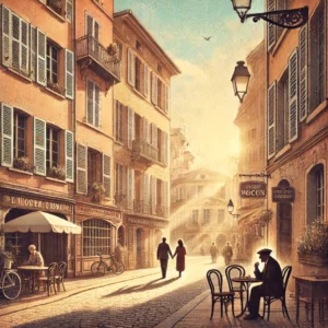 Illustration du Vieux Nice dans les années 70, avec un couple marchant main dans la main dans une rue ensoleillée, symbolisant l'harmonie et les relations humaines.