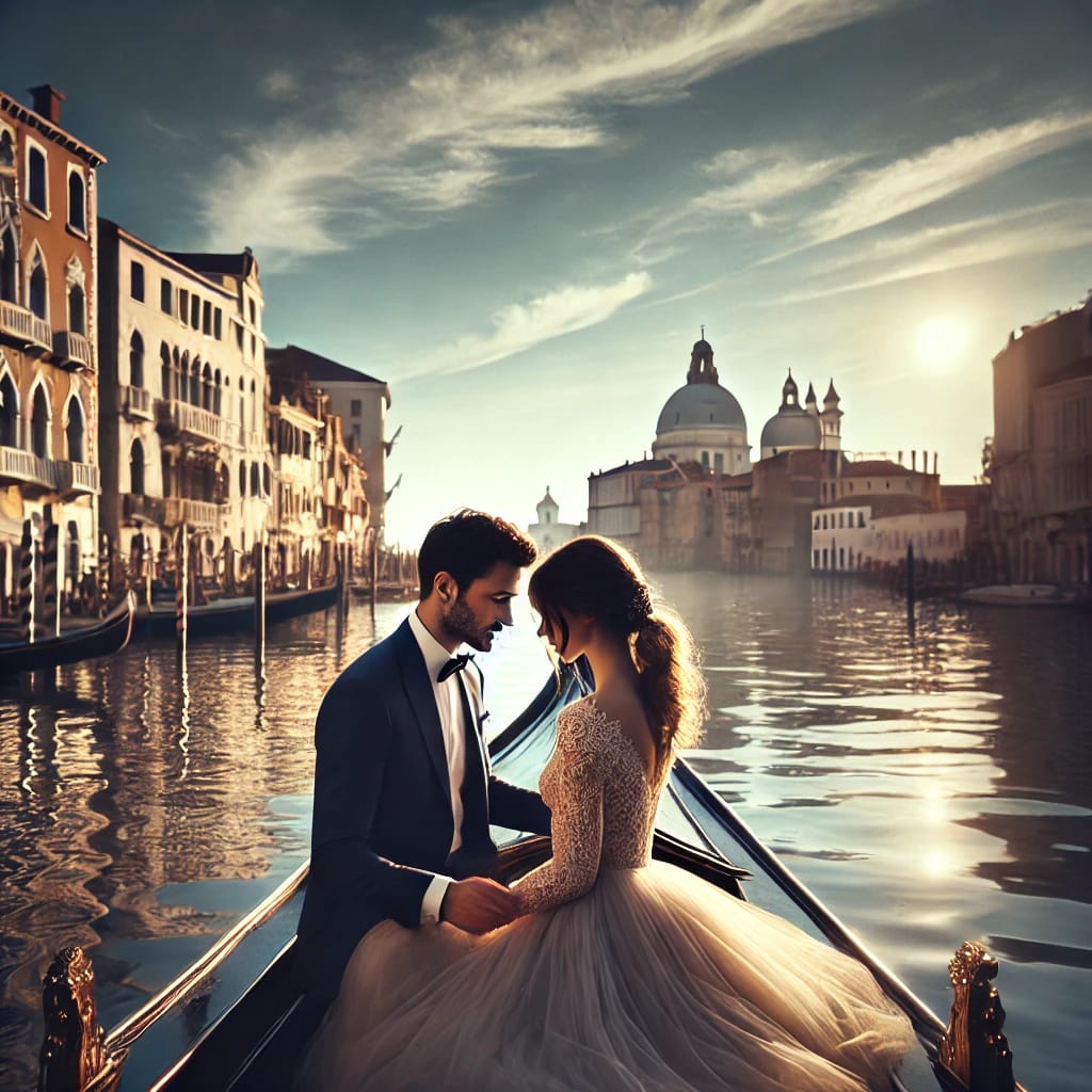 Un couple en tenue de mariage est assis sur une gondole dans un canal vénitien au coucher du soleil, avec des bâtiments historiques et un dôme en arrière-plan.