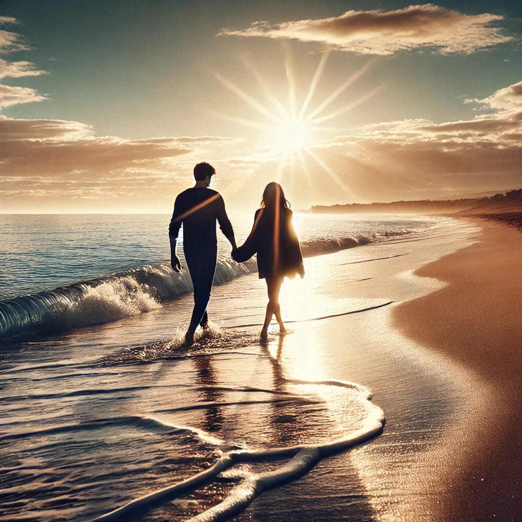 Deux personnes marchent main dans la main le long d'une plage au coucher du soleil, les vagues clapotant doucement à leurs pieds et le soleil éclatant bas dans le ciel